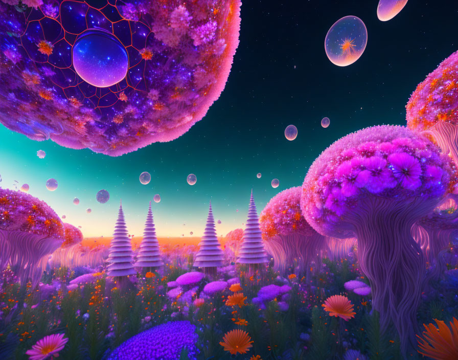 Colorful Flora and Floating Orbs in Starry Landscape