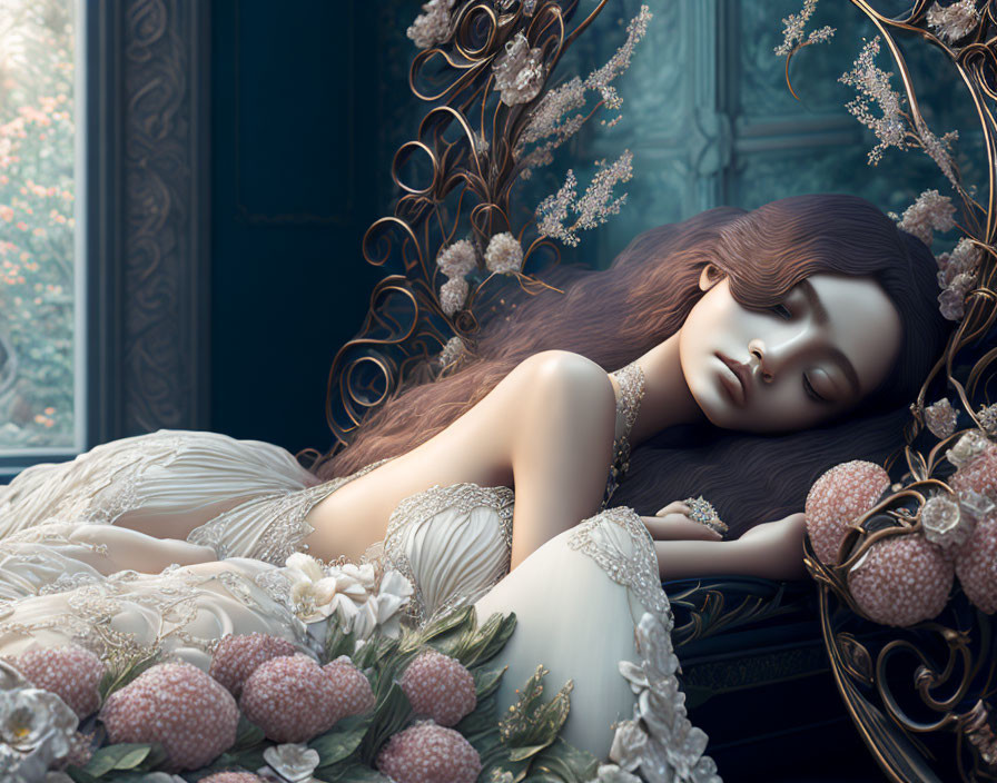 Elegant woman reclining among floral arrangements in serene illustration