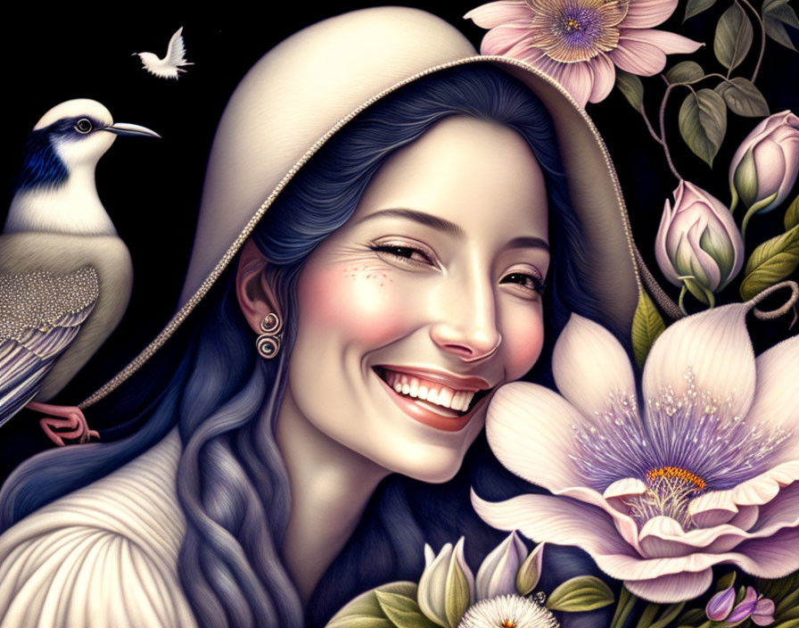 Colorful portrait of a smiling woman with hat, flowers, and bird