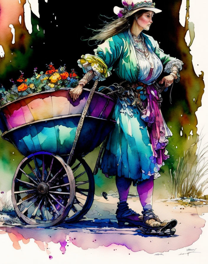 Watercolor illustration of woman in colorful dress with flower-filled cart