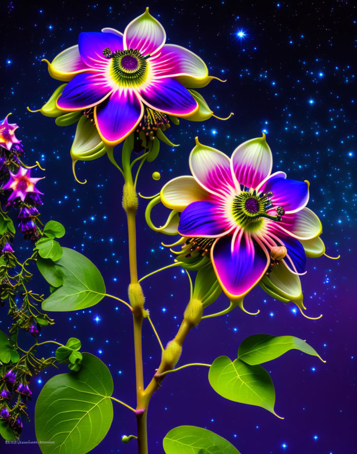 Colorful fuchsia and yellow flowers against starry space backdrop