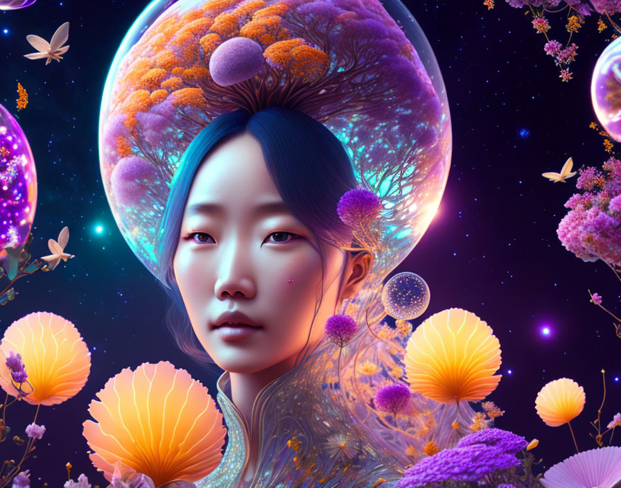 Digital artwork: Serene woman amid fantastical flora and glowing orbs on starry night sky