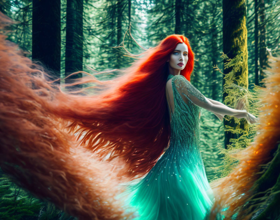 Vibrant red-haired woman in teal dress in forest setting