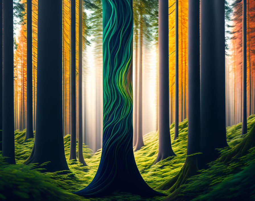 Mystical tree in vibrant forest with blue and green swirls