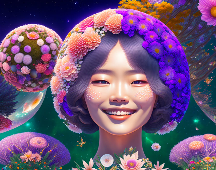 Smiling woman digital portrait with universe background and flower hair