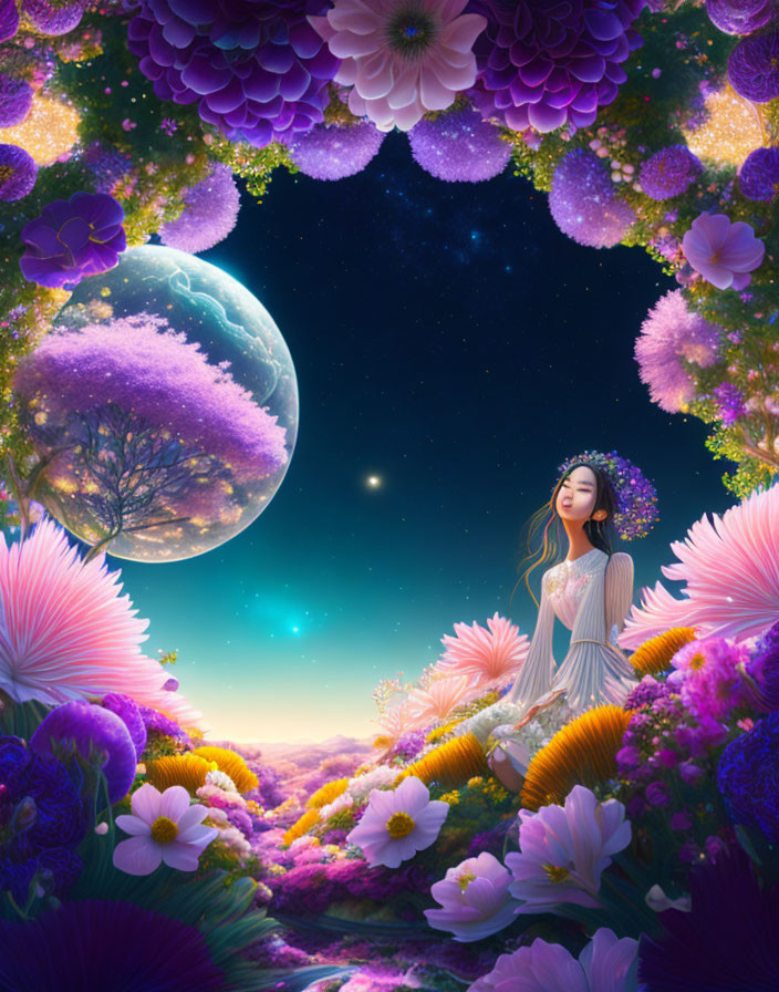 Woman in vibrant floral landscape under glowing moon