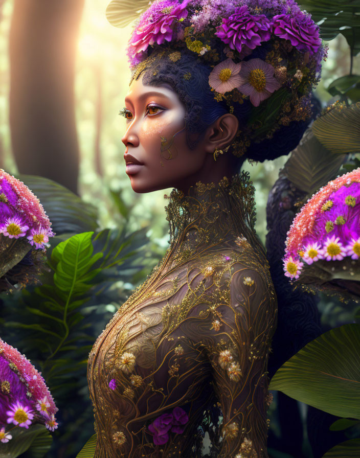 Golden facial markings woman in floral headpiece against mystical forest