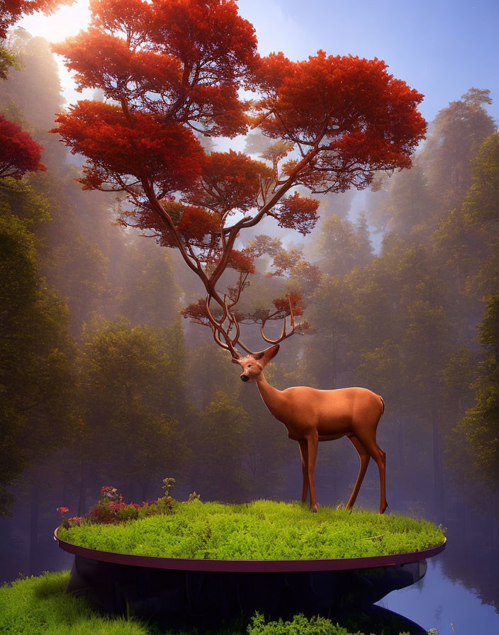 Majestic deer on circular platform in misty forest with red tree canopy.