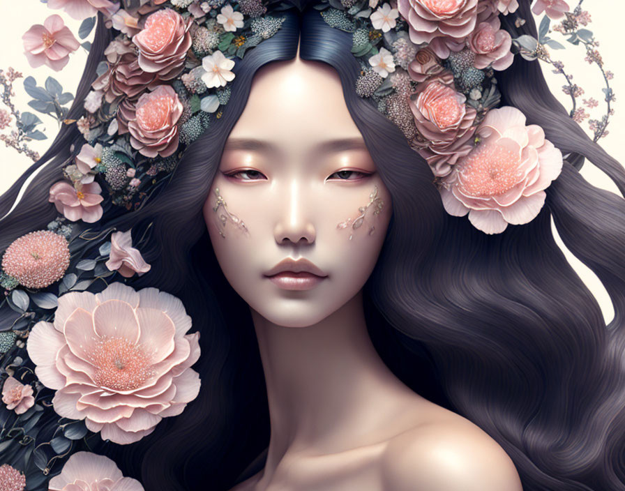 Serene woman with flowing hair and floral arrangement in soft pink roses