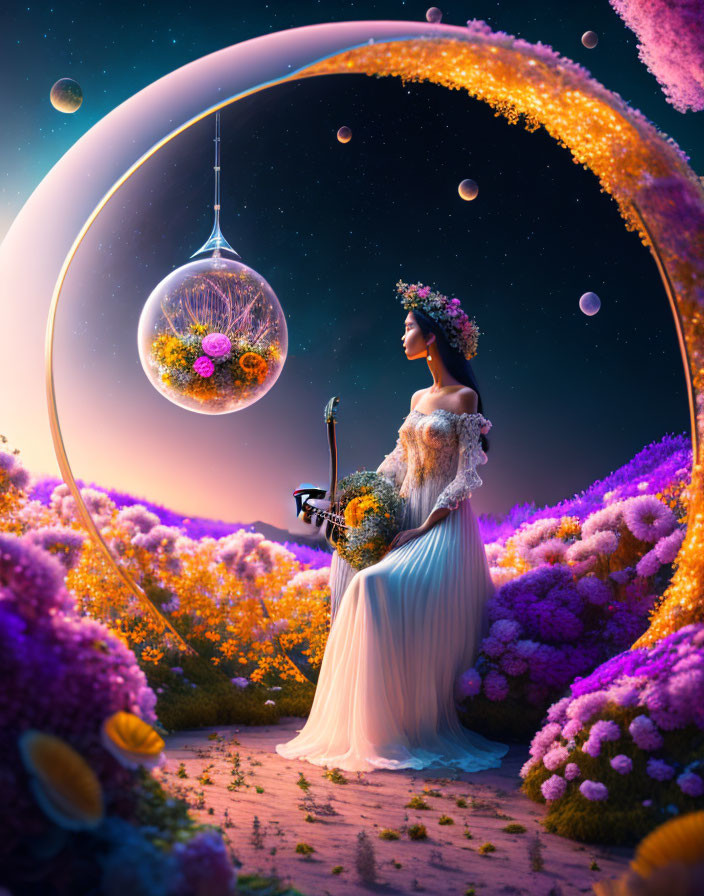 Surreal image of woman in elegant dress with vibrant flowers and moon-like orb