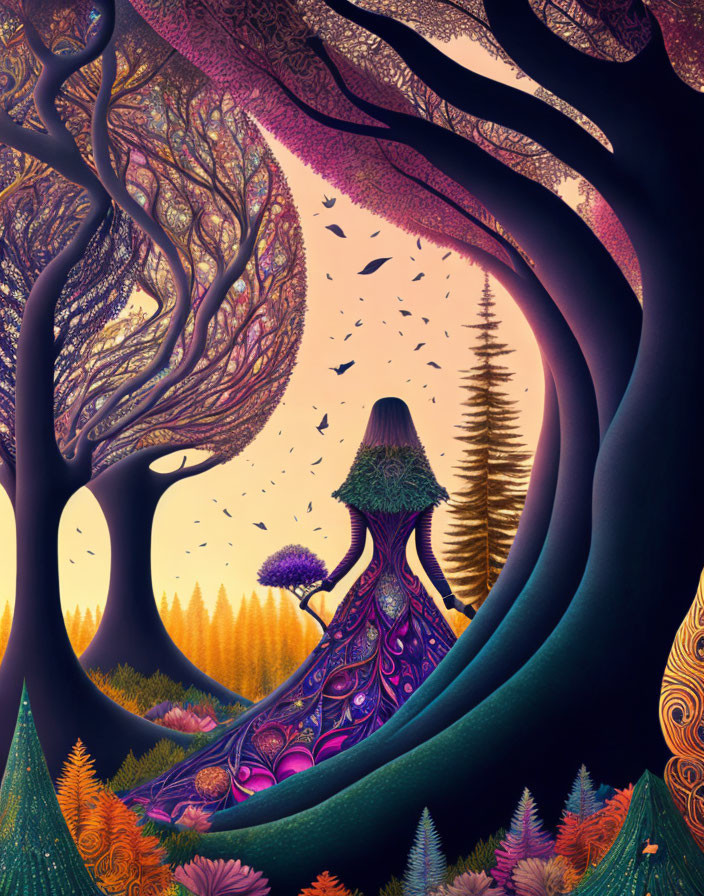 Colorful illustration of woman merging with tree in vibrant forest