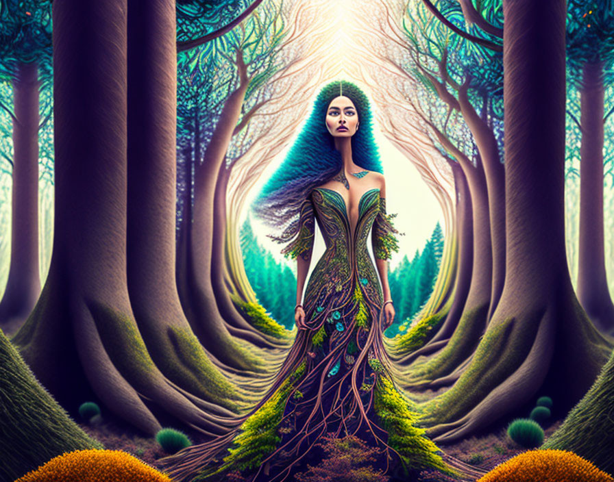 Woman with dress merging into roots in mystical forest