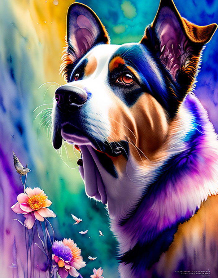Colorful artwork: Dog, flowers, hummingbird in surreal style