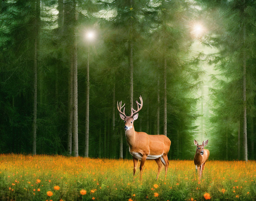 Majestic stag and doe in vibrant orange flower field with misty forest backdrop