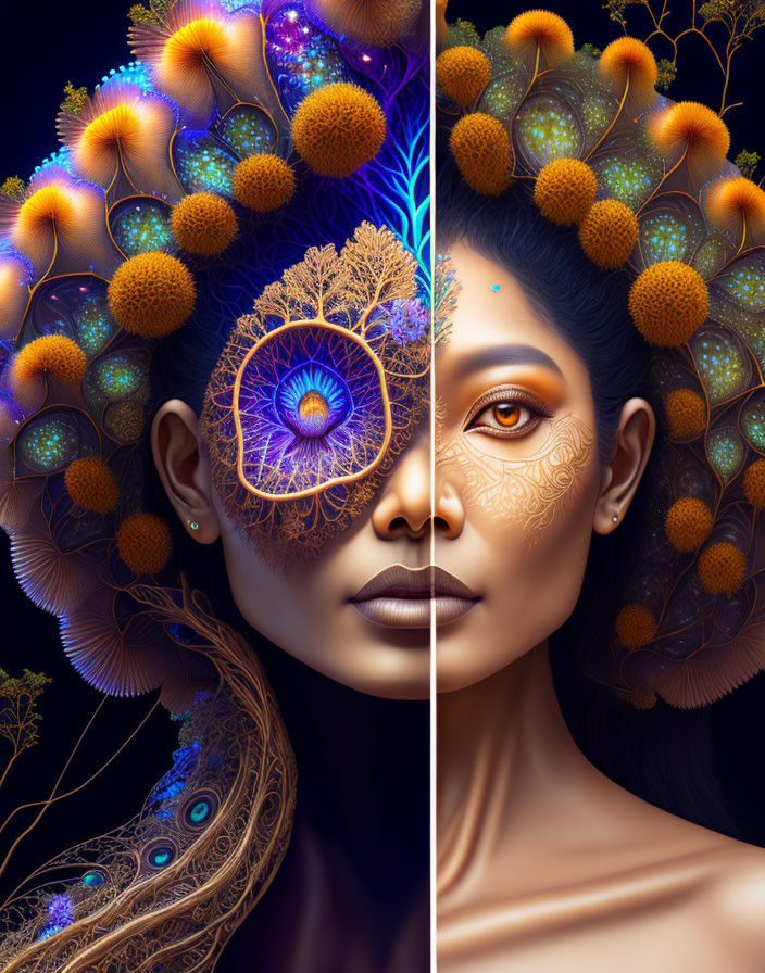 Surreal portrait of a woman with vibrant botanical and peacock feather patterns