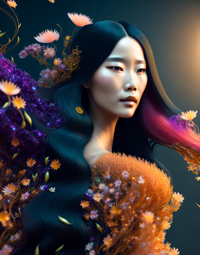 Colorful digital artwork: Woman with blue and purple hair and flower bouquet on ombré background