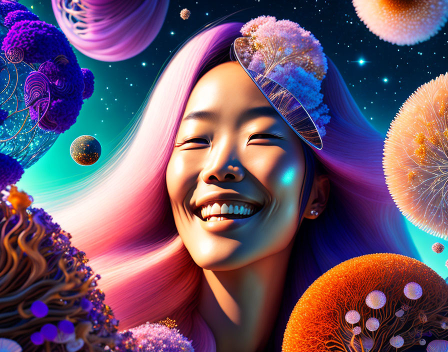 Colorful digital art: Smiling woman in cosmic scenery