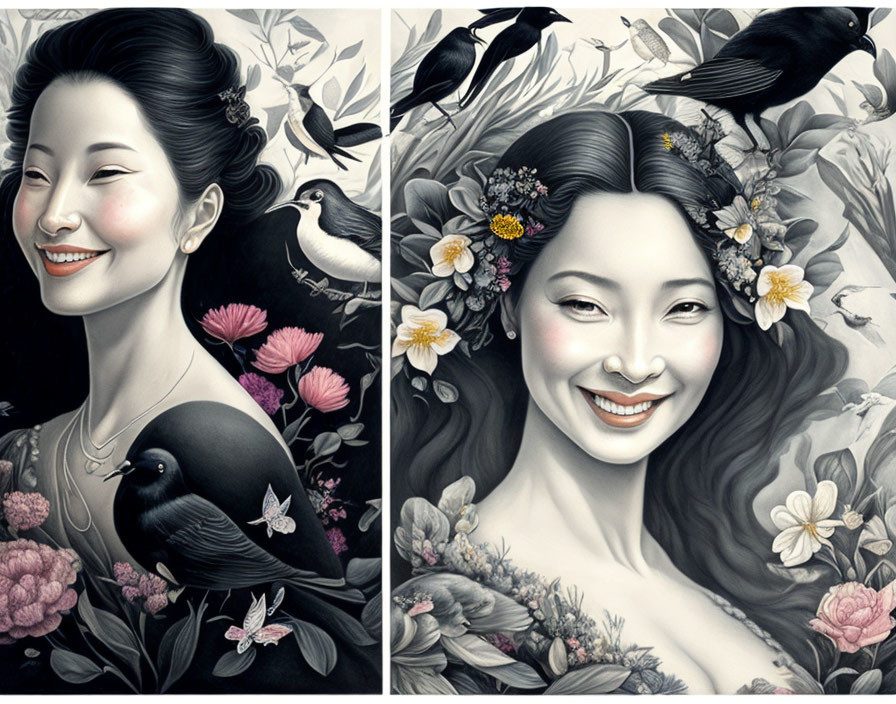 Monochrome illustration of smiling woman with flowers and birds