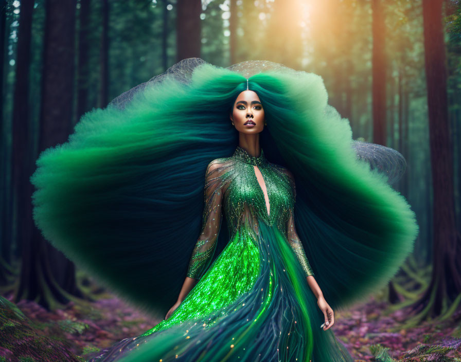 Luxurious green dress with peacock-like train in lush forest setting