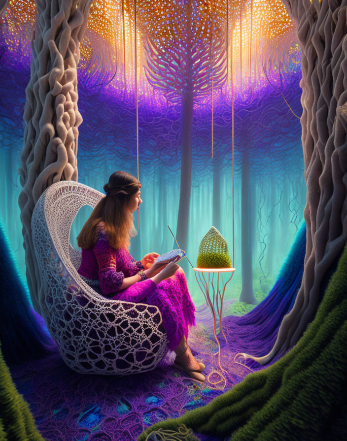 Woman Reading Book in Colorful Forest Setting with Glowing Trees and Intricate White Chair