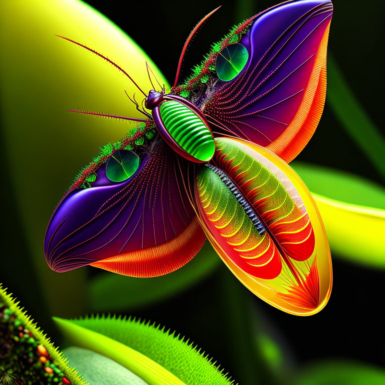 Colorful butterfly with iridescent wings on green leaf: vibrant digital art