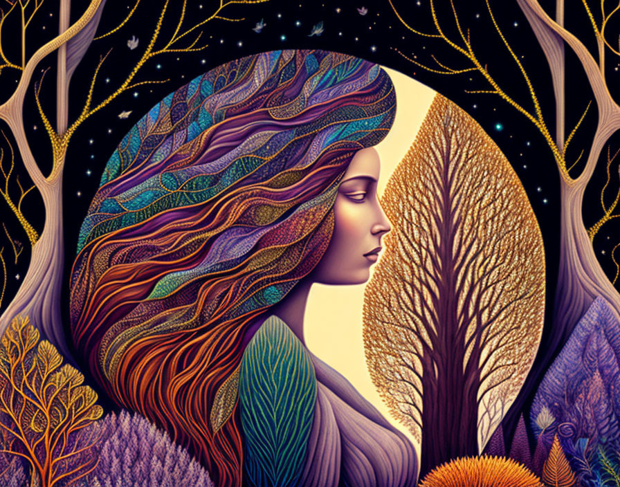Colorful Woman with Detailed Hair Blending into Forest Scene