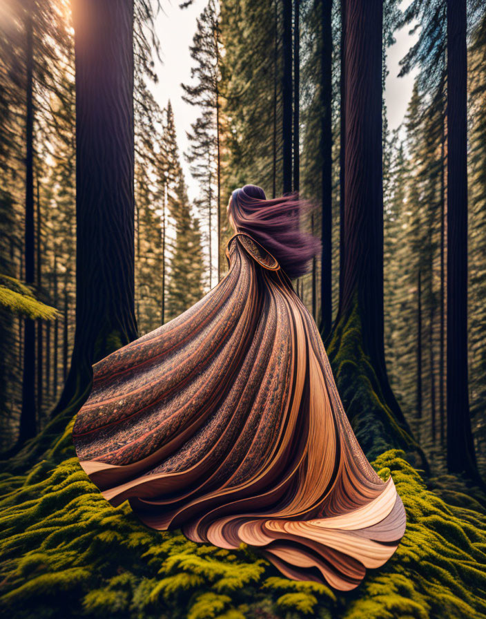 Earthy-toned flowing dress blending with forest background.