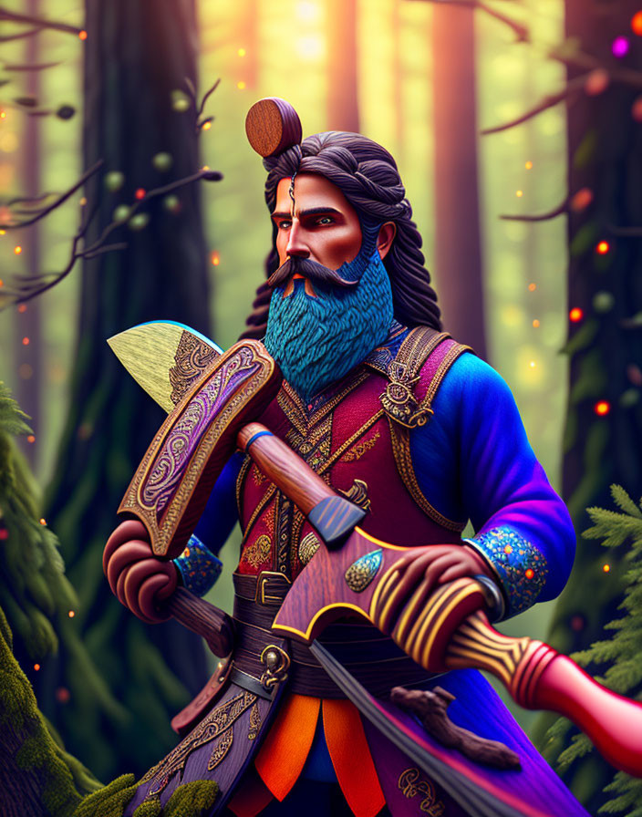 Colorful armored warrior with axe and sword in mystical forest.