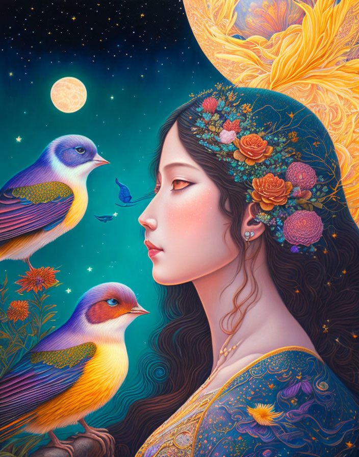 Surreal portrait of woman with birds and floral patterns under night sky