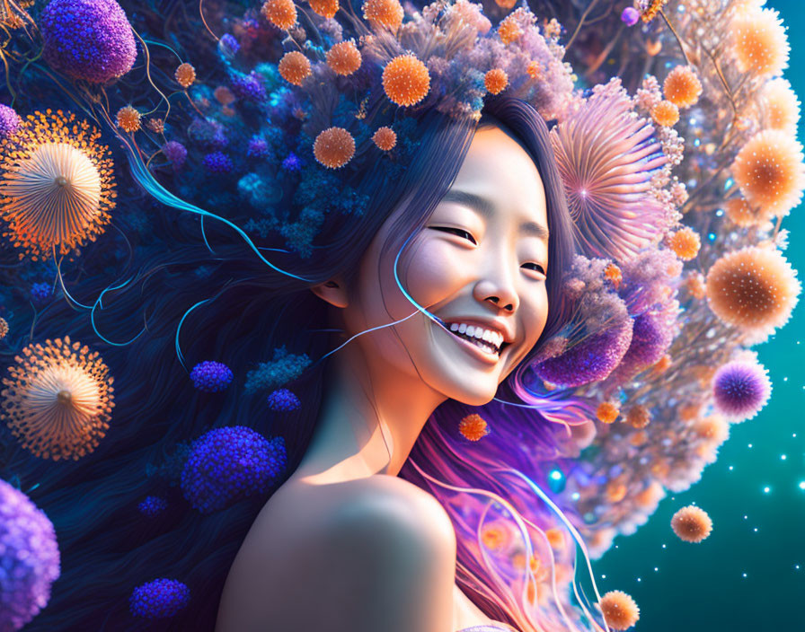 Colorful underwater-themed portrait featuring joyful woman and vibrant coral structures