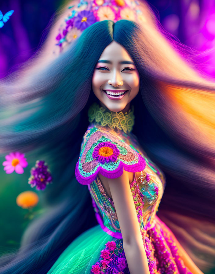 Colorful Dress Woman in Vibrant Floral Background
