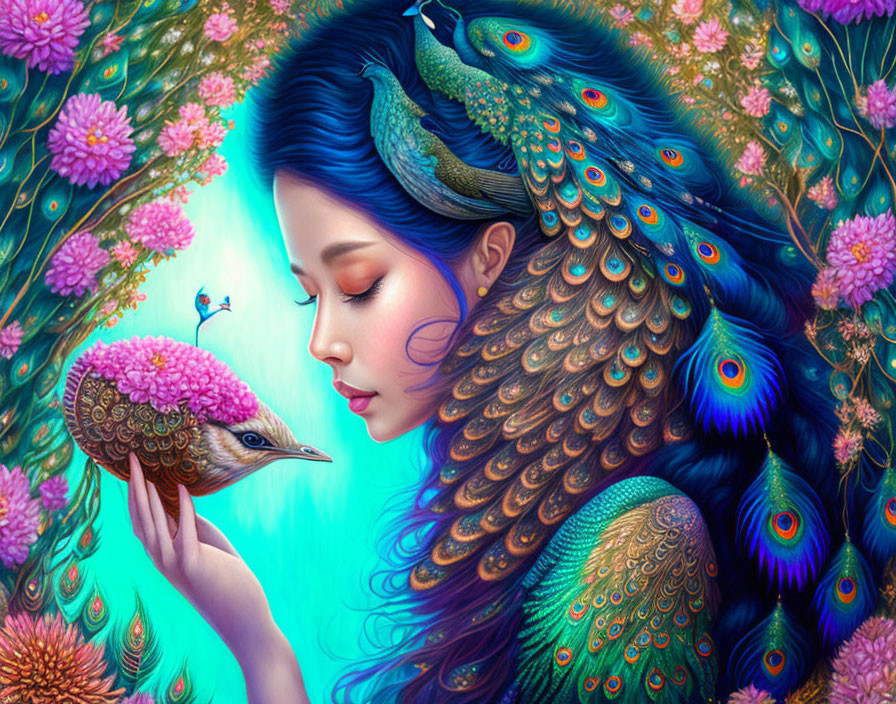 woman caresses a peacock, flowers, clear picture, 