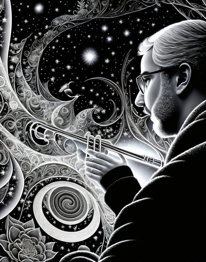 Monochrome illustration of a bearded man playing flute with cosmic background.