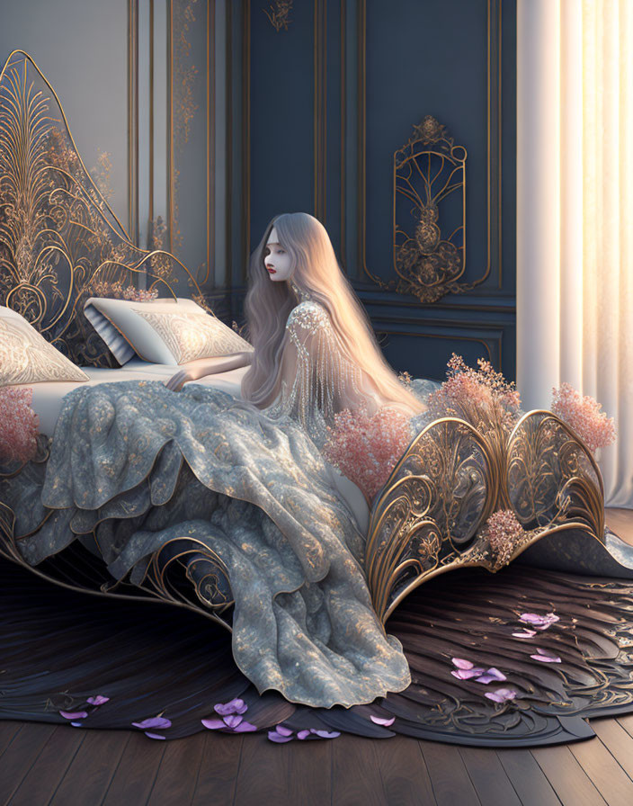 Digital artwork of pensive woman on ornate bed with intricate designs and pink flowers.
