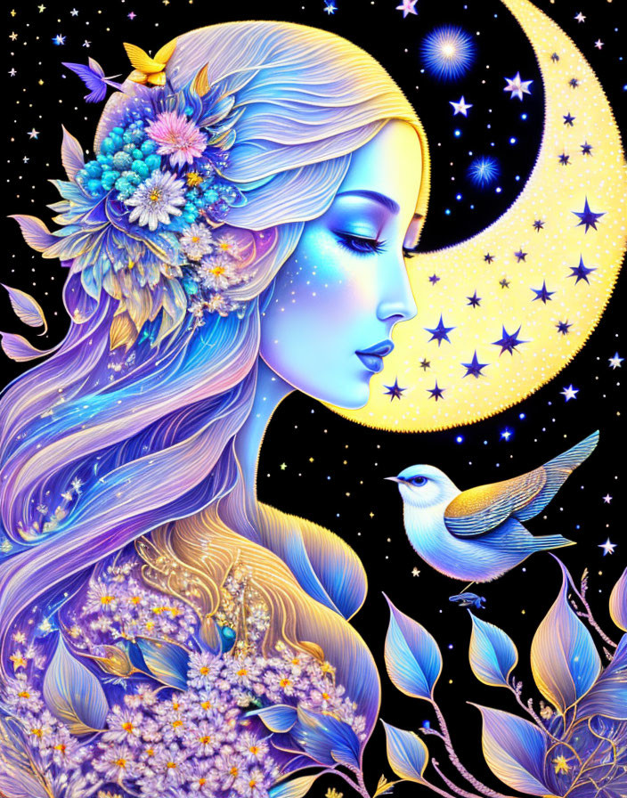 Vibrant illustration: Woman with floral hair, crescent moon, stars, and bird.