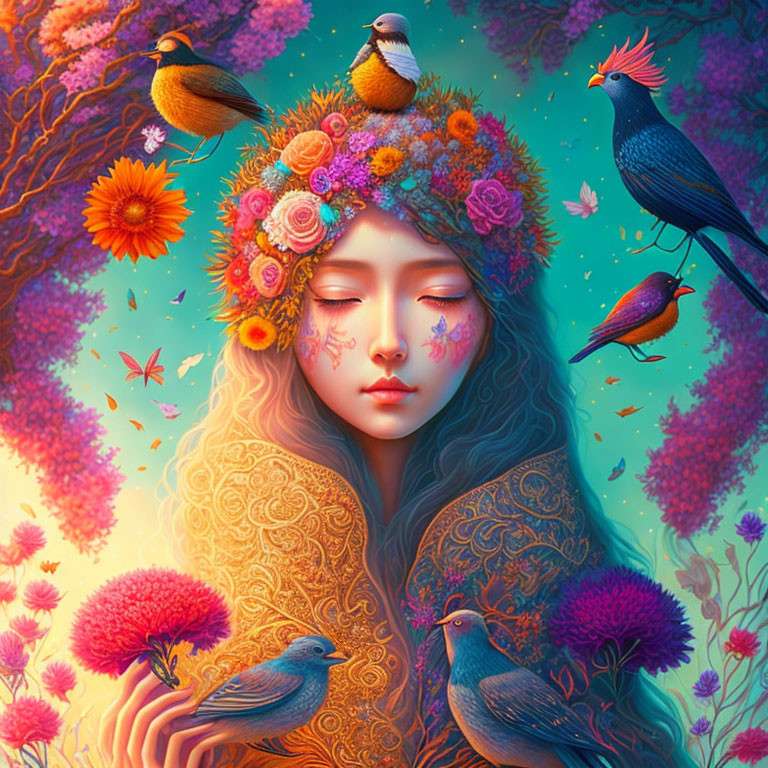 girl with birds, flowers, fairytale, magic realism