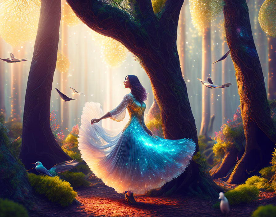 Woman twirls in glowing dress in sunlit forest with birds and ethereal light