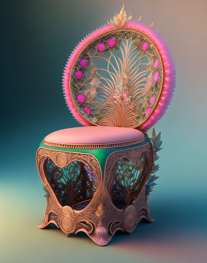 Intricate Artistic Chair with Vibrant Pink and Golden Hues