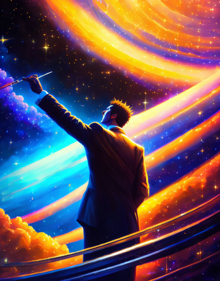 Person on Balcony Reaching Towards Vibrant Cosmic Sky with Conductor's Baton