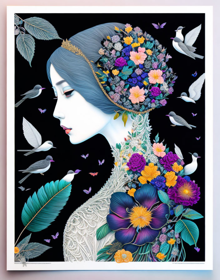 Colorful Woman with Floral Headpiece and Birds on Black Background