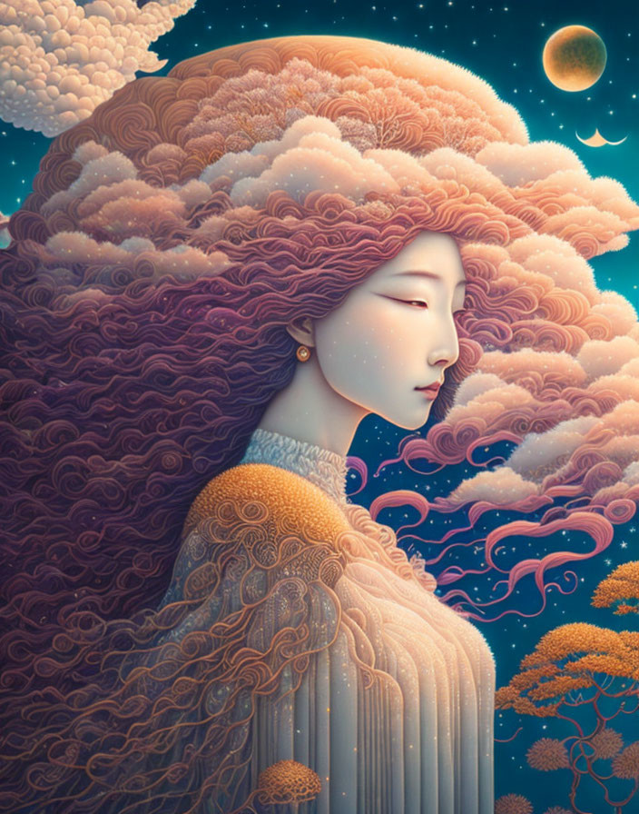 Illustration of woman with cloud-like hair in celestial scene