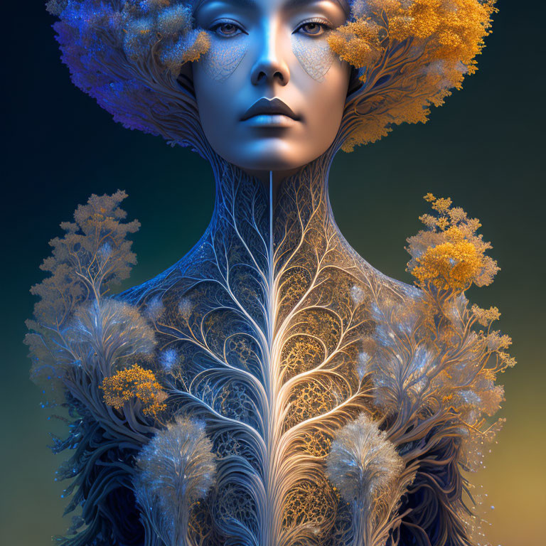Woman with Tree-Like Features and Golden-Yellow Foliage Hair