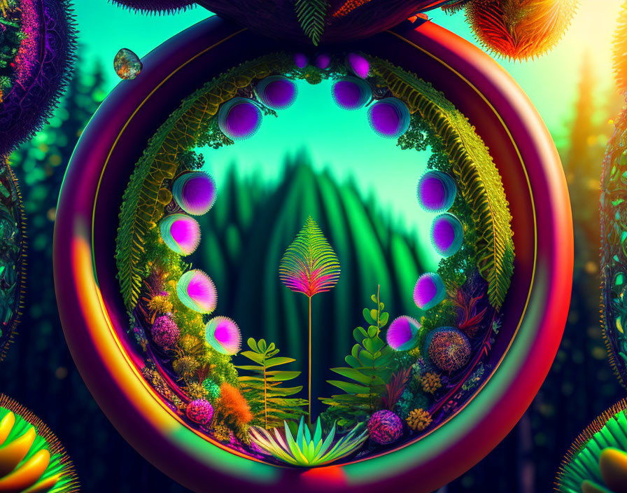 Surreal circular frame landscape with alien vegetation and twilight forest silhouette