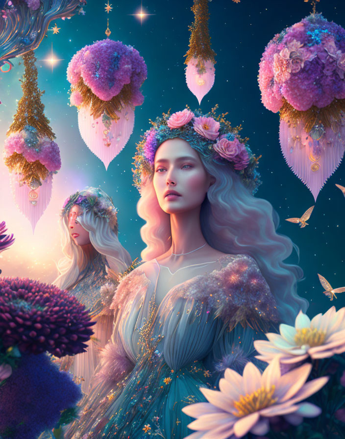 Mystical portrait of a woman with long hair and floral crown amidst floating islands, lush gardens,