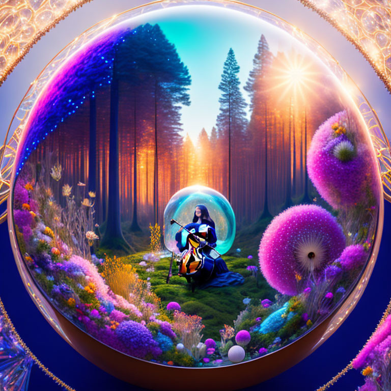 Surreal digital artwork: person on motorcycle in transparent bubble in vibrant forest