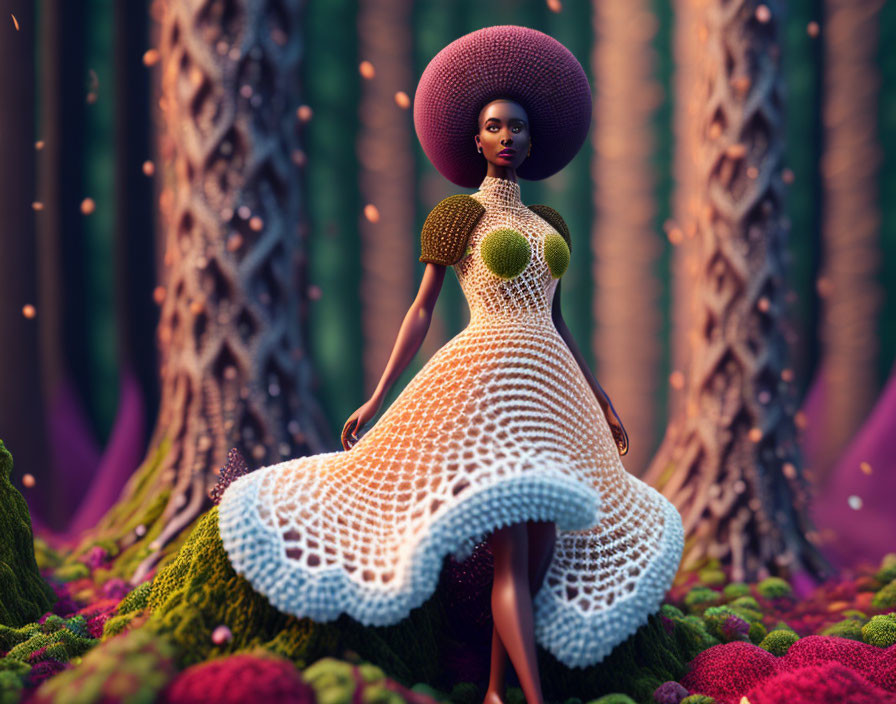 3D illustration of woman in elaborate hat and flowing dress against fantasy backdrop