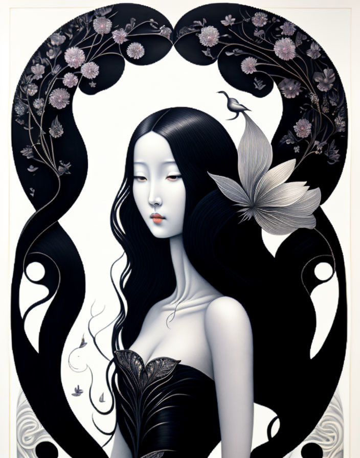 Detailed illustration of a pale-skinned woman with long black hair, adorned by floral elements, bird,