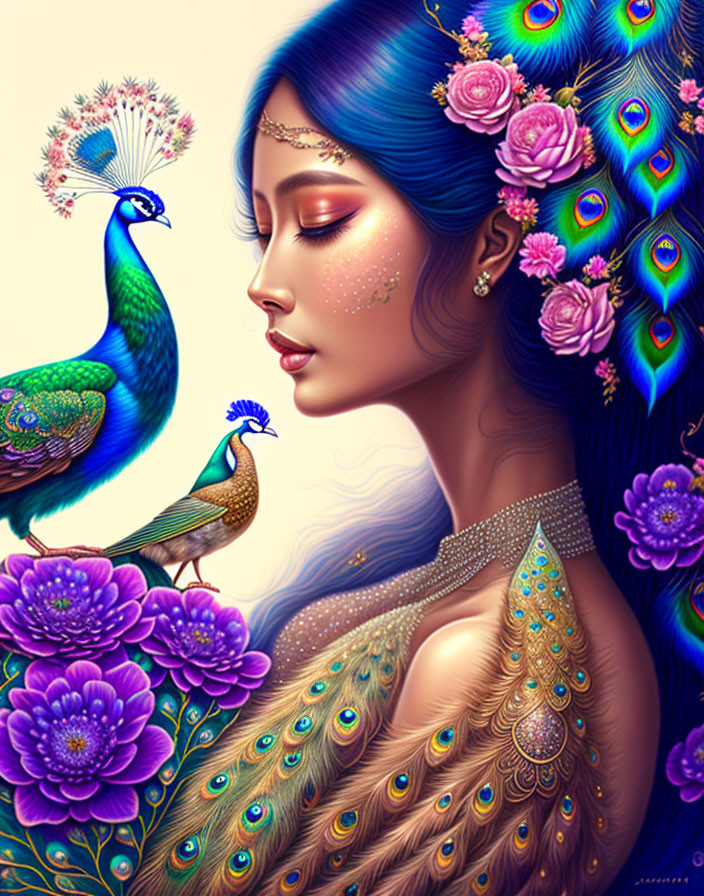 Colorful digital art: Woman with peacock feathers and florals surrounded by illustrated peacocks.
