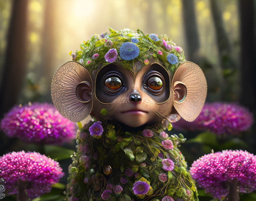 Whimsical creature with large eyes in floral setting