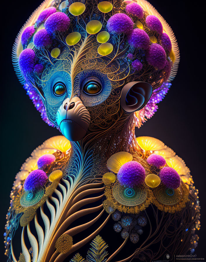Colorful alien creature with blue skin, golden patterns, purple orbs, and tentacle-like appendages